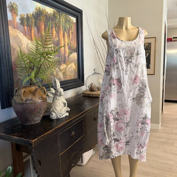 ITALIAN LINEN DRESS Bohemian Peasant Style sleeveless mid length pockets - Picture 1 of 8